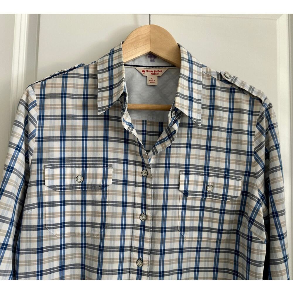 Brooks Brothers Red Fleece Plaid Cotton Shirt Women's 12 Preppy Epaulets